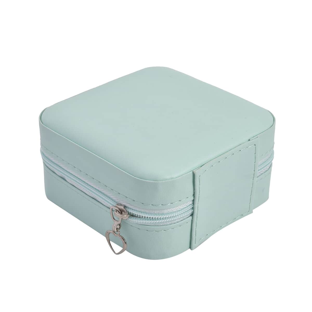 Green Faux Leather Small, portable, Travel Jewelry Organizer Storage Box With Zipper For Stud Earrings, Rings, Necklaces, Bracelets image number 4
