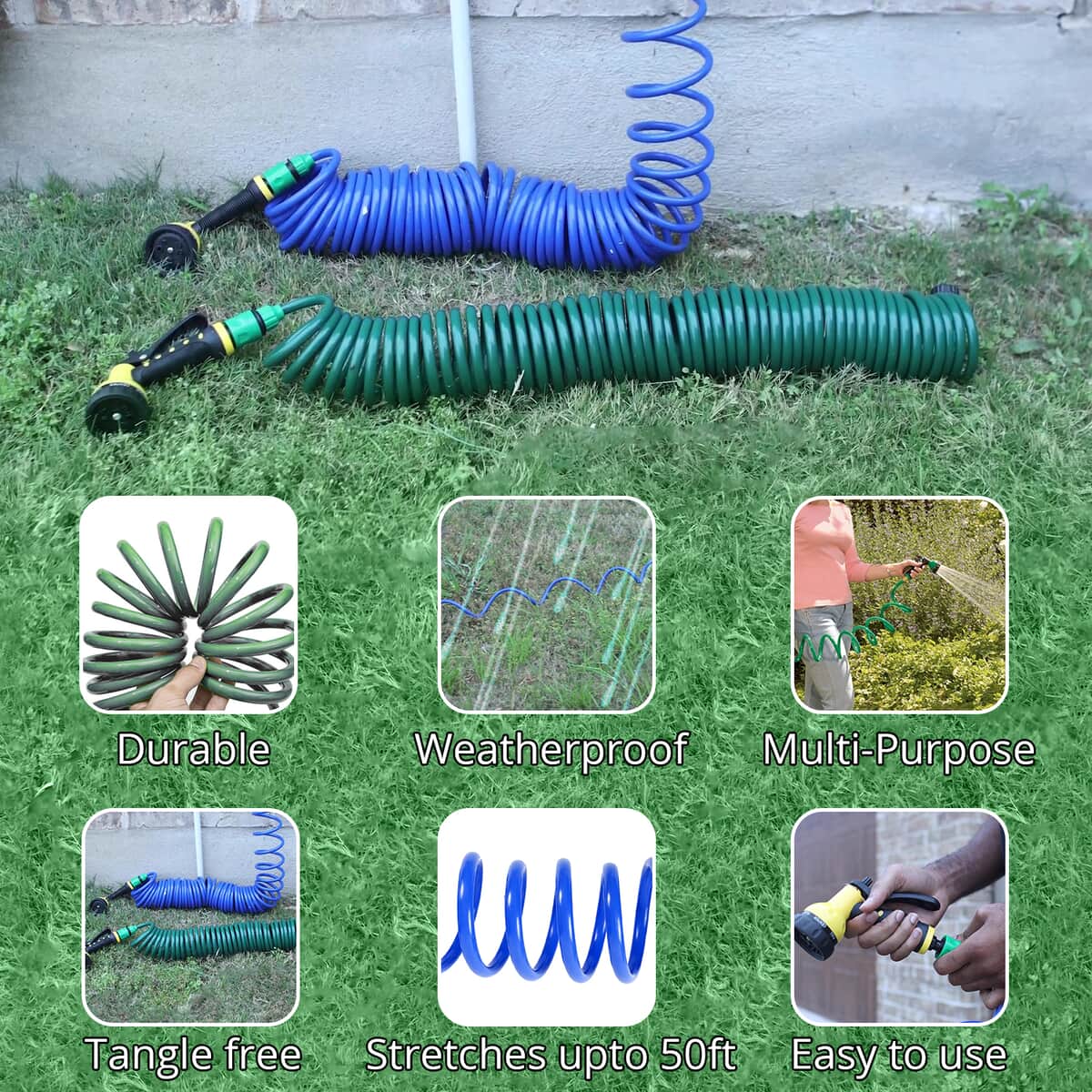 50 ft. Coiled Water Hose with Spray Nozzle -Blue image number 1