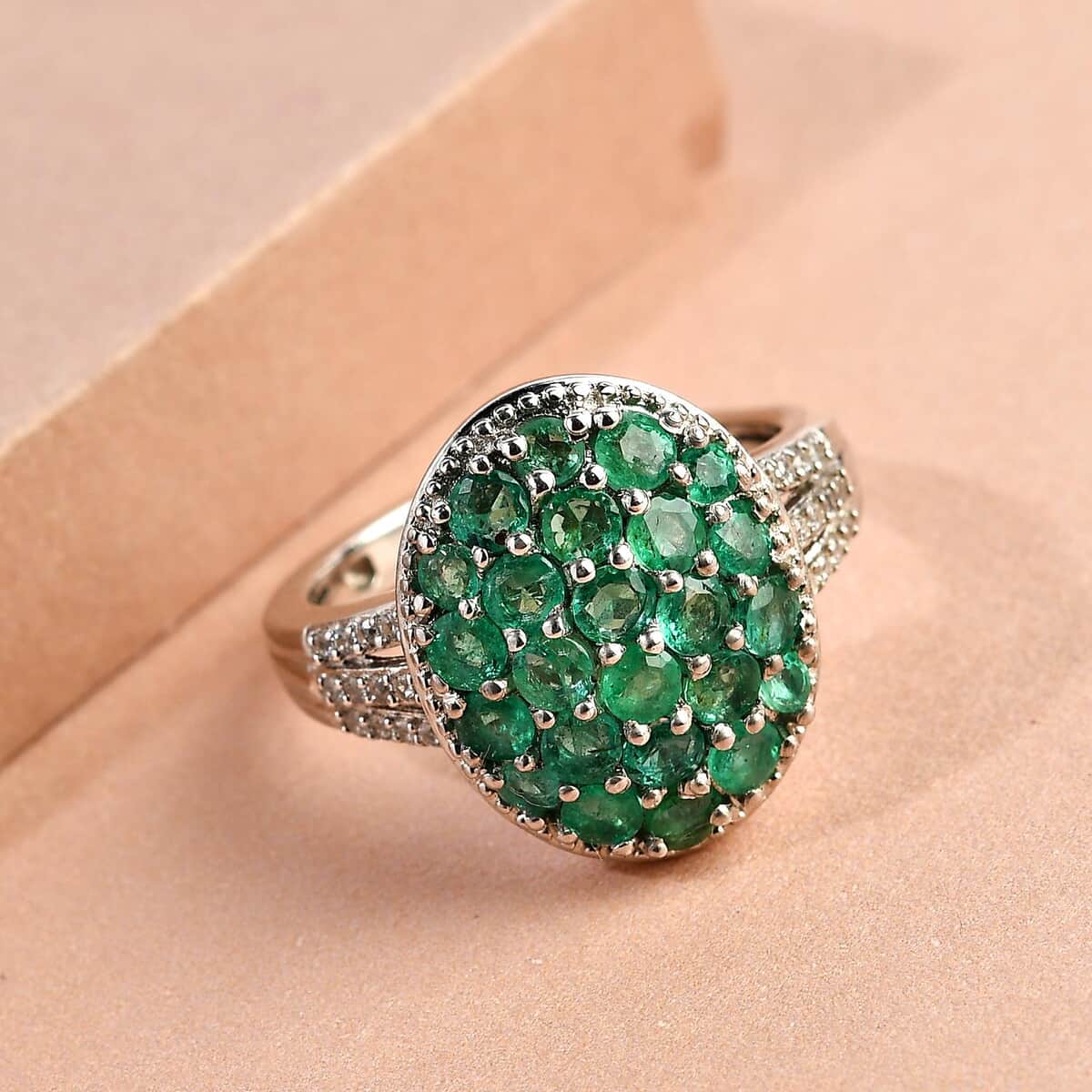 AAA Kagem Zambian Emerald and Natural White Zircon Ring in Platinum Over Sterling Silver 1.80 ctw image number 1