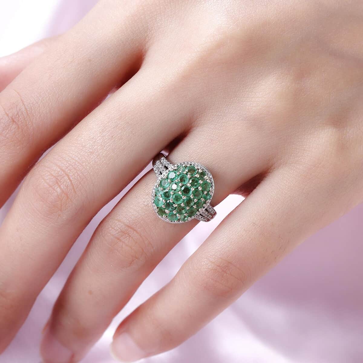 AAA Kagem Zambian Emerald and Natural White Zircon Ring in Platinum Over Sterling Silver 1.80 ctw image number 2