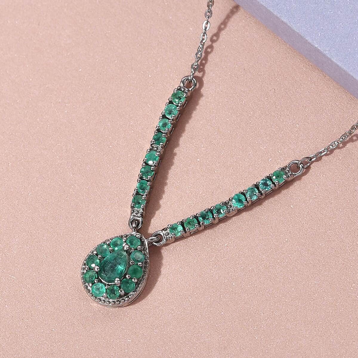 AAA Kagem Zambian Emerald Necklace 18 Inches in Platinum Over Sterling Silver 1.35 ctw image number 1