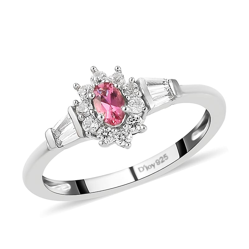 Ouro Fino Rubellite and White Zircon Sunburst Ring in Platinum Over Sterling Silver (Size 10.0) 0.75 ctw