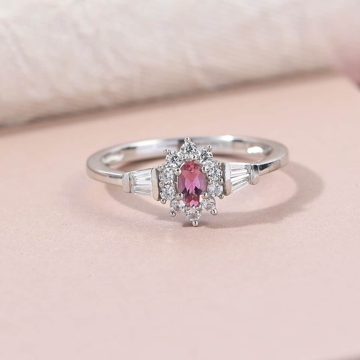 Ouro Fino Rubellite, Natural White Zircon Halo Ring in Platinum Over Sterling Silver (Size 10.0) 0.75 ctw image number 1