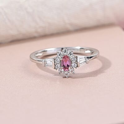 Ouro Fino Rubellite and White Zircon Sunburst Ring in Platinum Over Sterling Silver (Size 10.0) 0.75 ctw