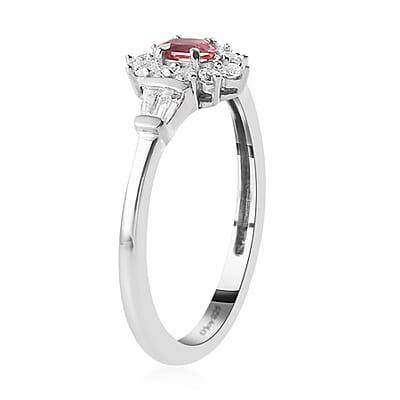 Ouro Fino Rubellite and White Zircon Sunburst Ring in Platinum Over Sterling Silver (Size 10.0) 0.75 ctw