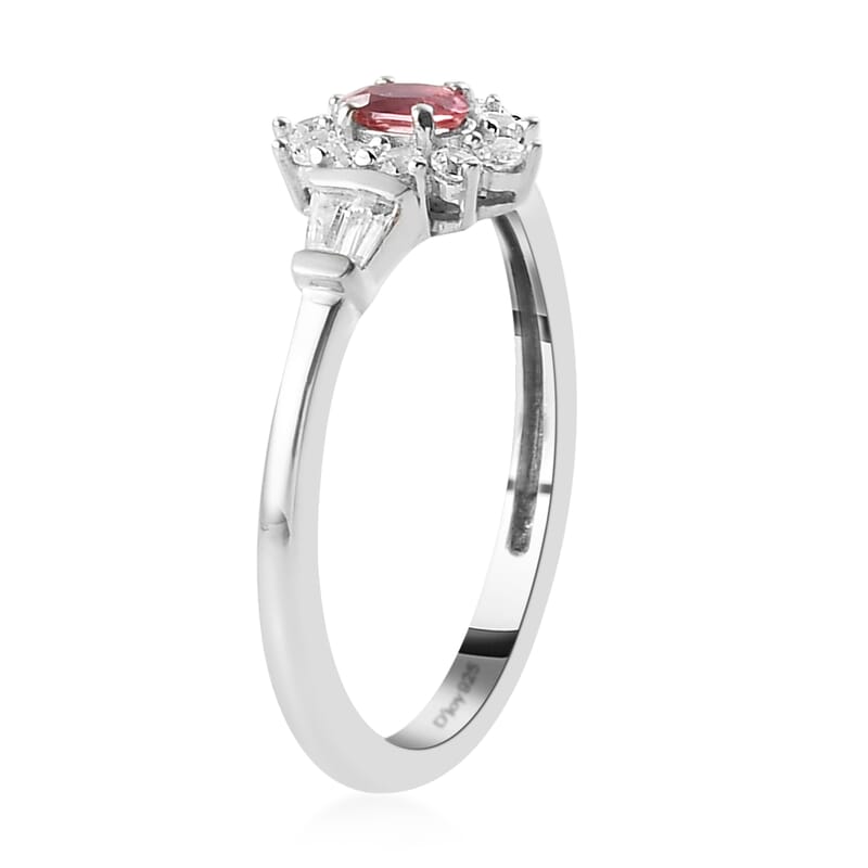 Ouro Fino Rubellite and White Zircon Sunburst Ring in Platinum Over Sterling Silver (Size 10.0) 0.75 ctw