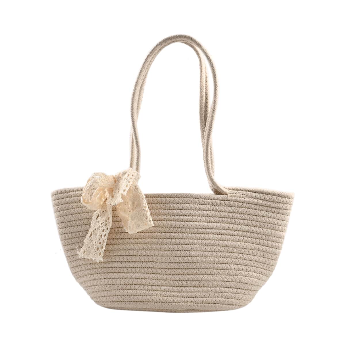 Urban Lux by TruCulture- Lyla Eggshell Cloth Basket Shape Bag Crochet Bow (12"x6"x7") image number 0
