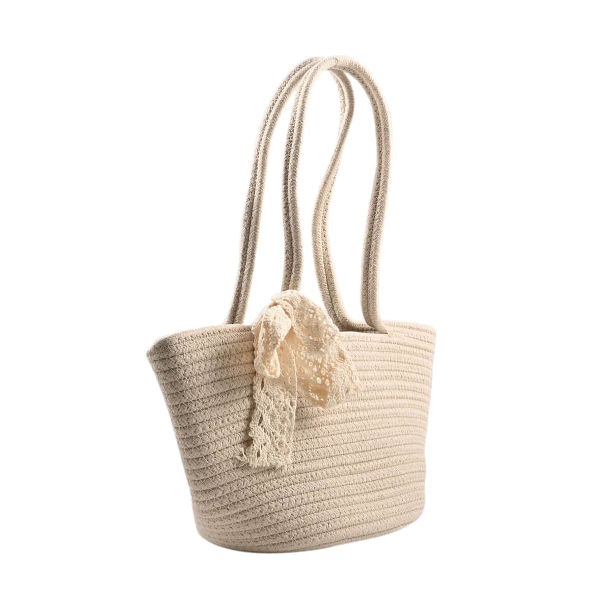 Urban Lux by TruCulture- Lyla Eggshell Cloth Basket Shape Bag Crochet Bow (12"x6"x7") image number 2
