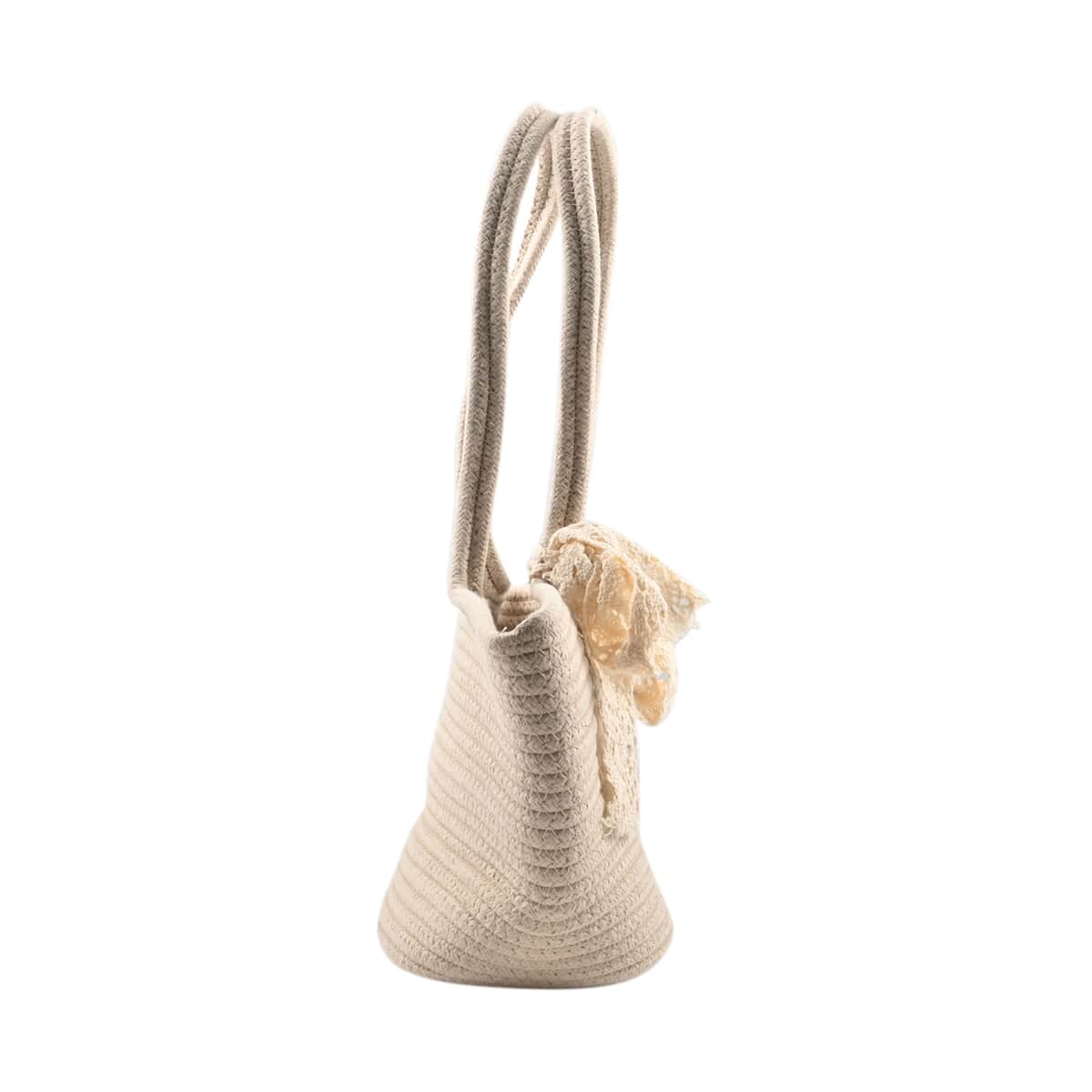 Urban Lux by TruCulture- Lyla Eggshell Cloth Basket Shape Bag Crochet Bow (12"x6"x7") image number 3