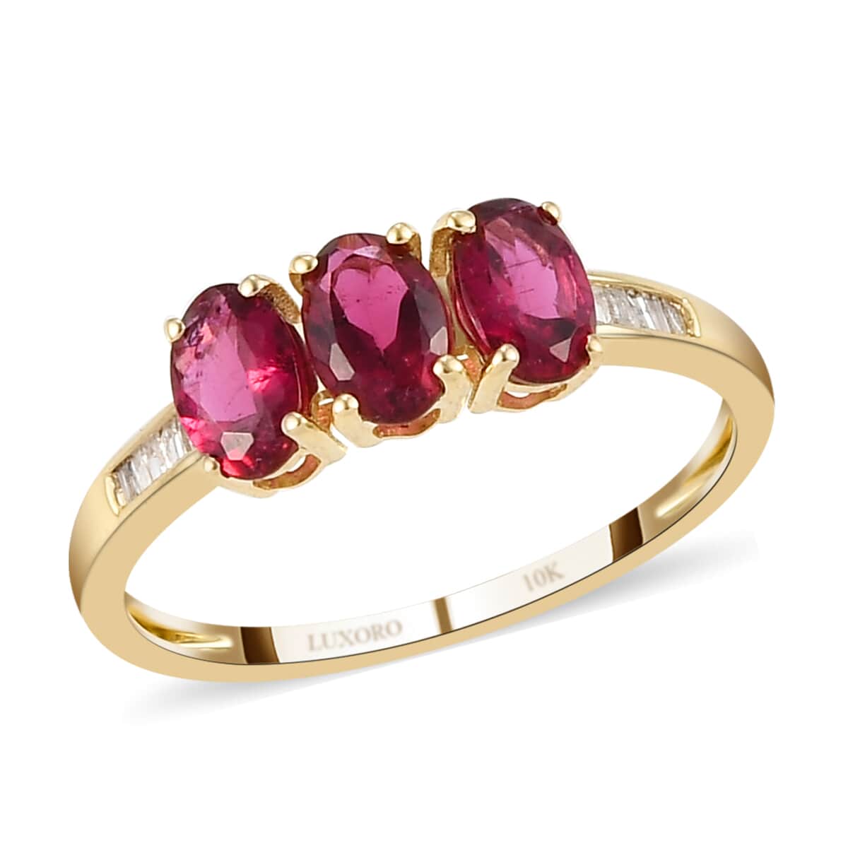 LUXORO 10K Yellow Gold Premium Ouro Fino Rubellite and G-H I3 Diamond Trilogy Ring 1.40 ctw image number 0