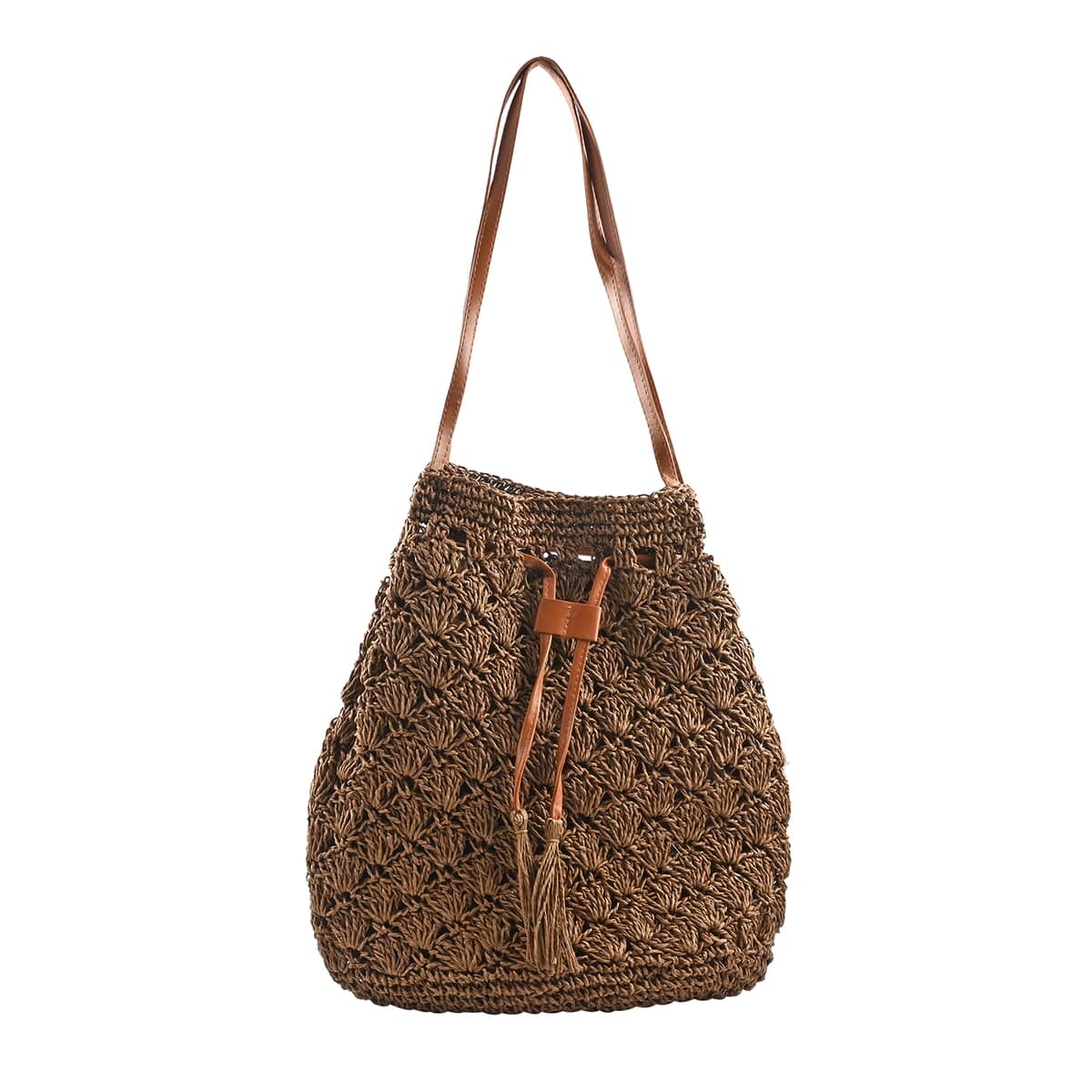 Urban Lux by TruCulture- Madison Cocoa Straw Grass Pouch Bag Lined with Faux Leather Strap (13"x9"x14") image number 0