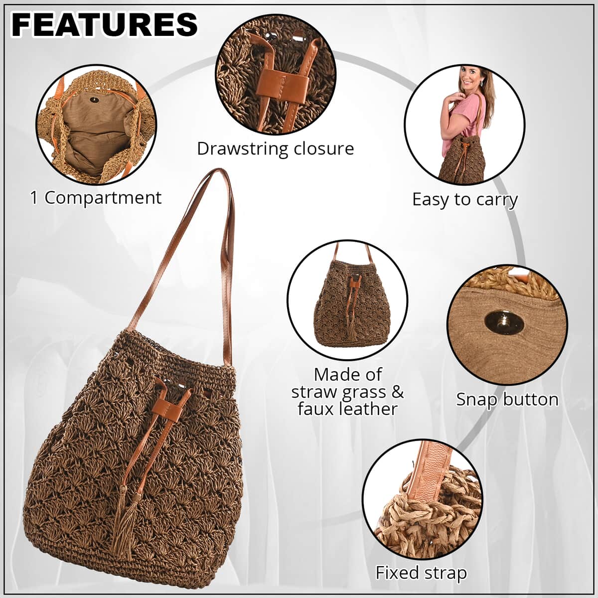 Urban Lux by TruCulture- Madison Cocoa Straw Grass Bucket Bag Lined with Faux Leather Strap image number 2