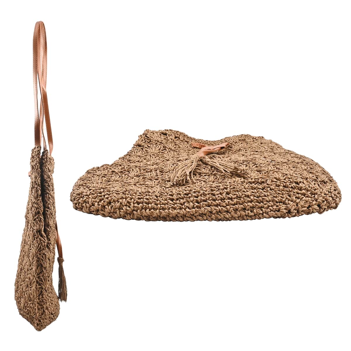 Urban Lux by TruCulture- Madison Cocoa Straw Grass Pouch Bag Lined with Faux Leather Strap (13"x9"x14") image number 4