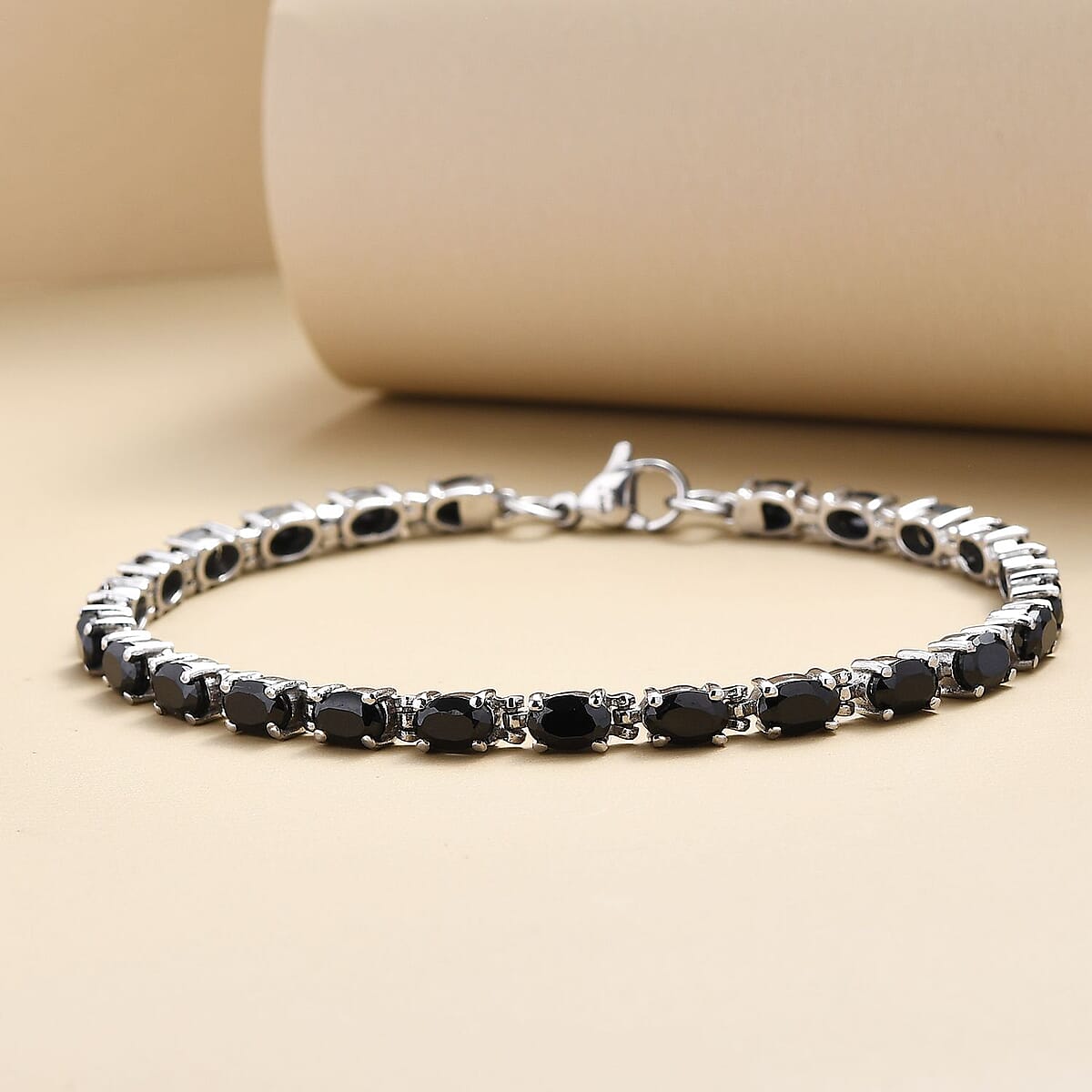 Natural Thai Black Spinel Tennis Bracelet , Black Spinel Bracelet , Line Bracelet , Stainless Steel Bracelet (7.25 In) 12.90 ctw image number 1