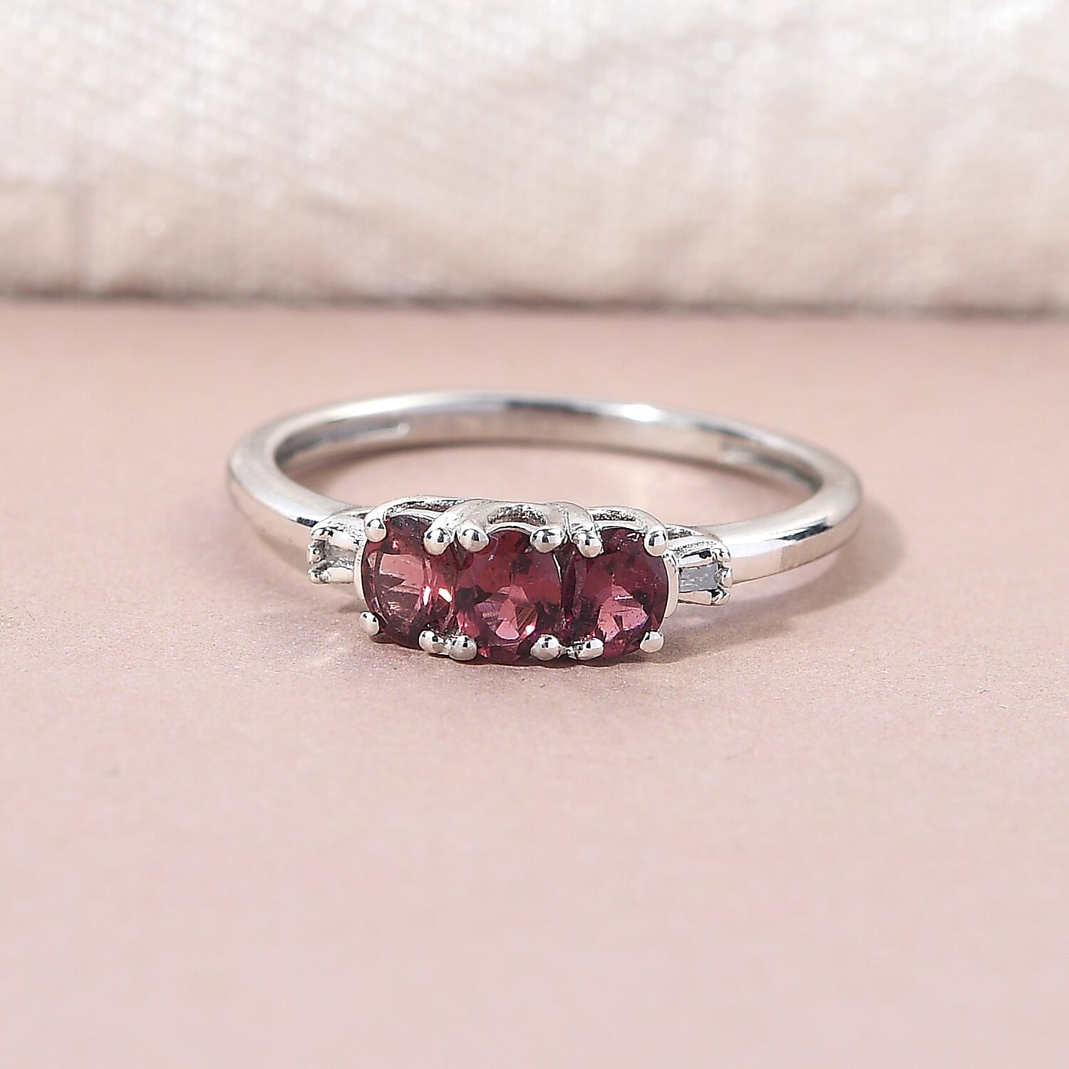 Ouro Fino Rubellite and Diamond Accent Trilogy Ring in Platinum Over Sterling Silver (Size 7.0) 0.50 ctw