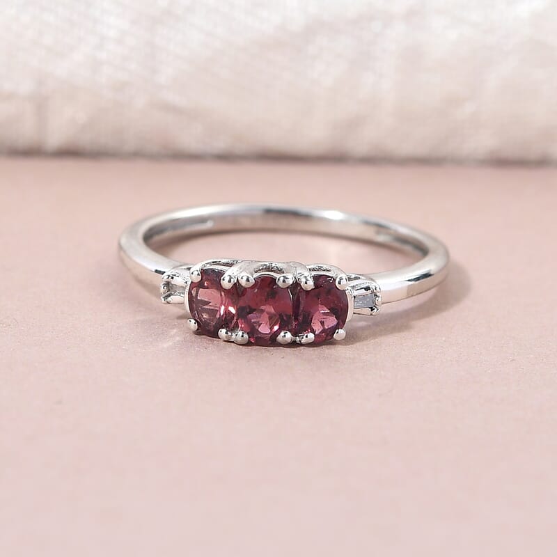 Ouro Fino Rubellite and Diamond Accent Trilogy Ring in Platinum Over Sterling Silver (Size 7.0) 0.50 ctw