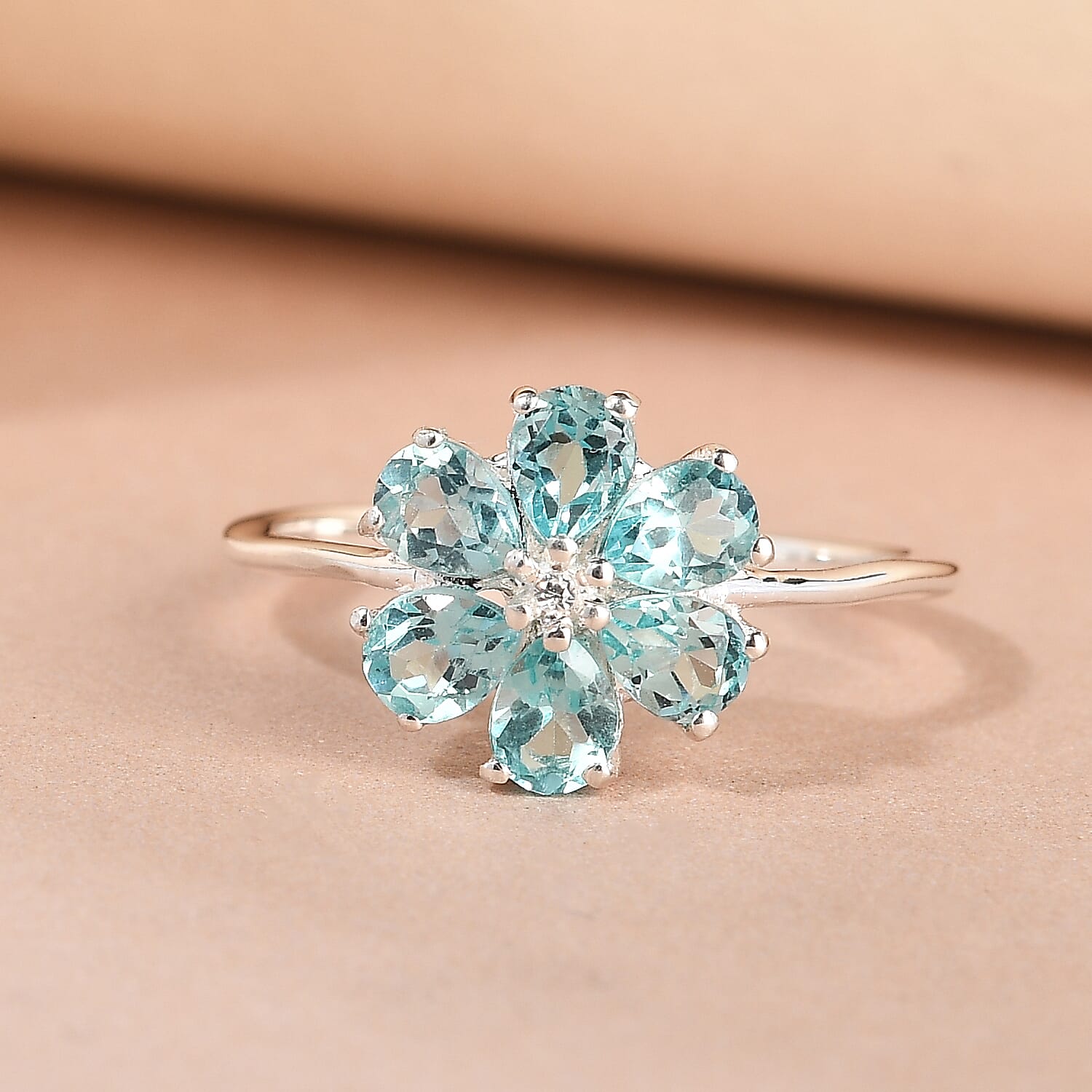 Green Apatite and Natural White Zircon Floral Ring in Sterling Silver (Size 10.0) 1.15 ctw