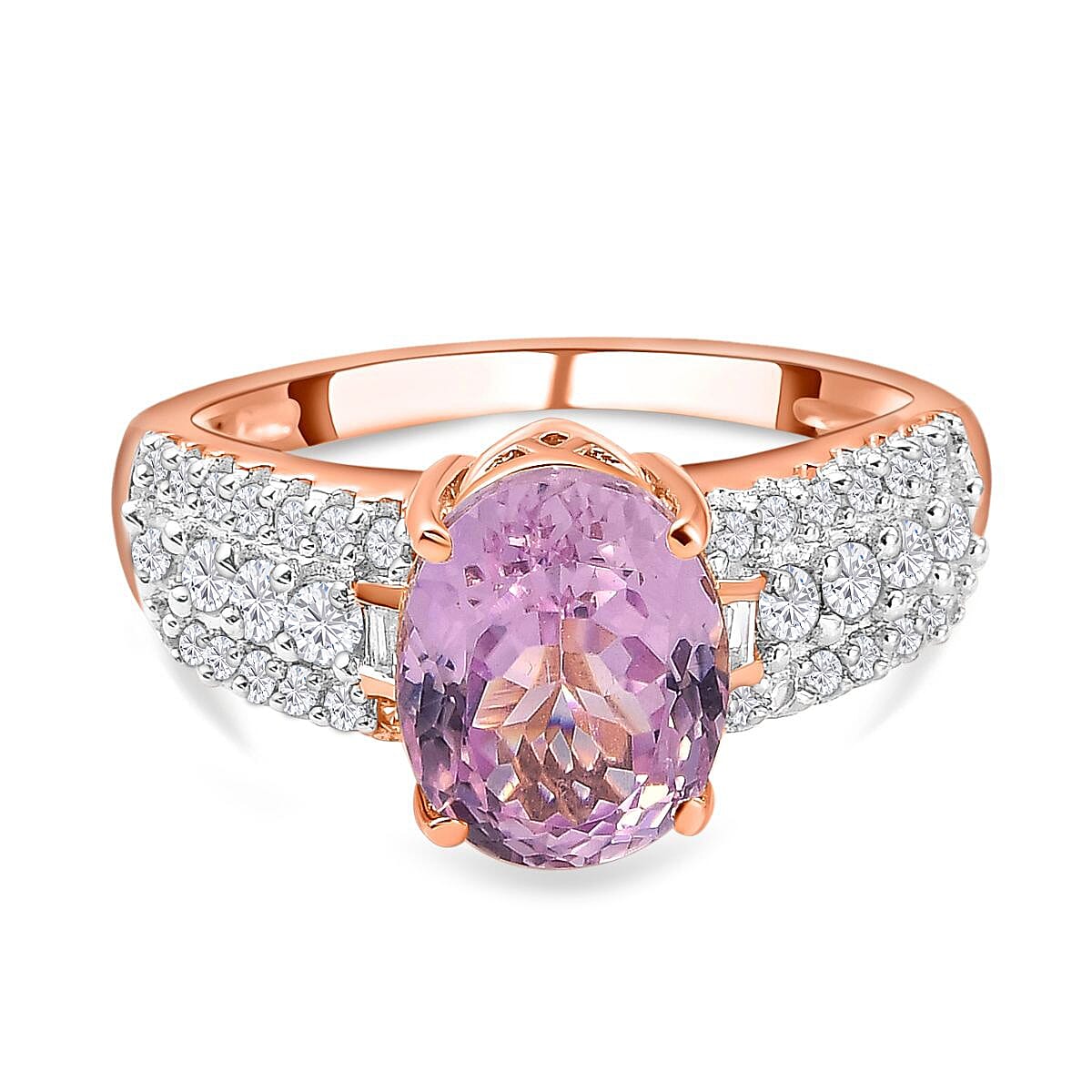 Premium Kunzite and White Zircon 4.30 ctw Ring in Vermeil Rose Gold Over Sterling Silver (Size 10.0)