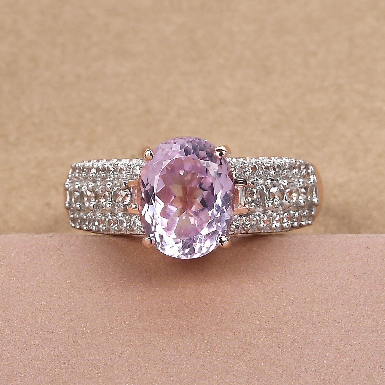 Premium Kunzite and White Zircon 4.30 ctw Ring in Vermeil Rose Gold Over Sterling Silver (Size 10.0)
