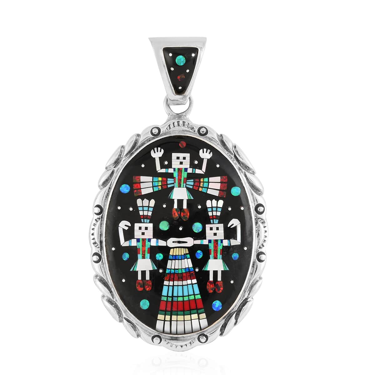 ONE OF A KIND SANTA FE Style Multi Turquoise and Multi Gemstone Oval Pendant in Sterling Silver 19.60 Grams (Made in USA) 1.30 ctw image number 0