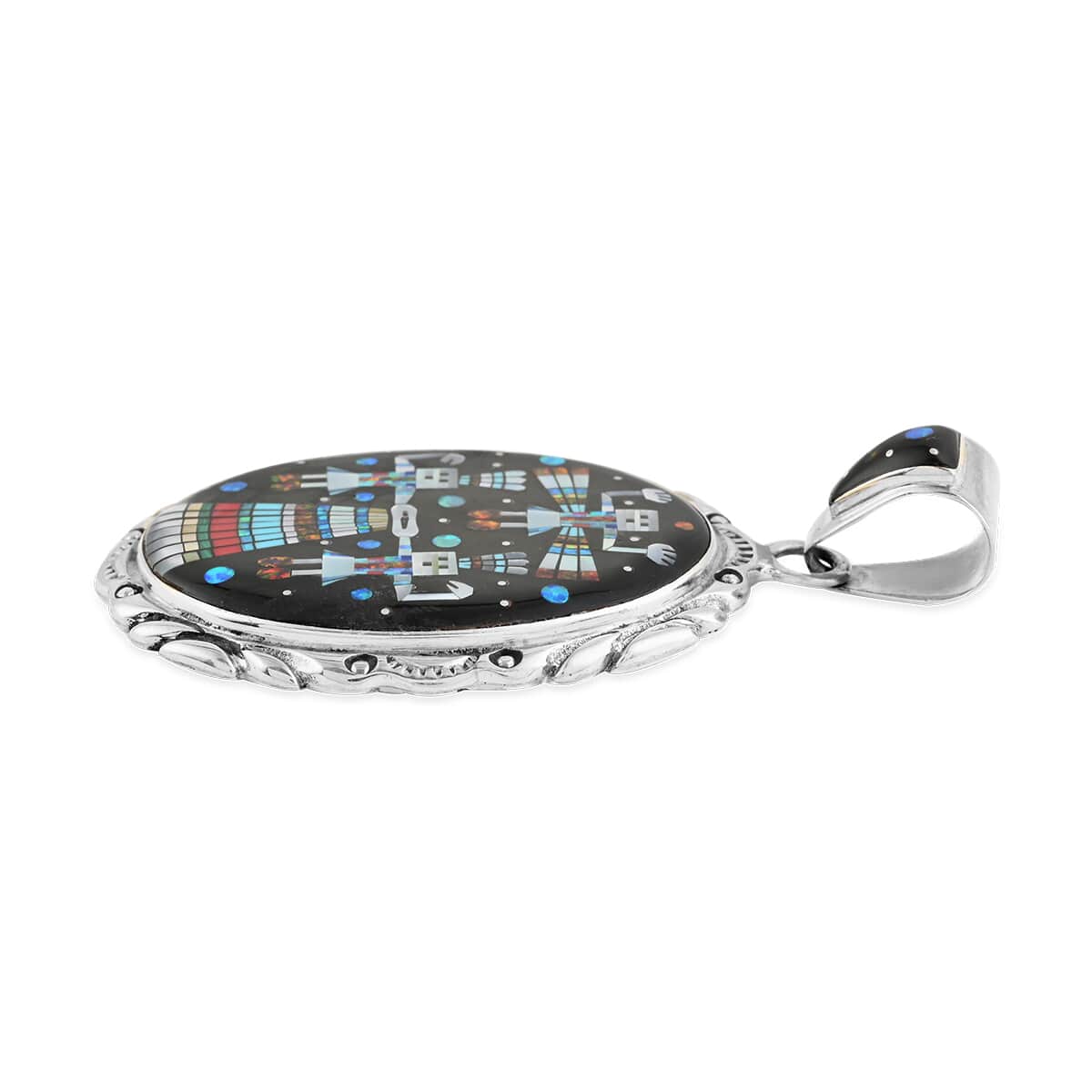 ONE OF A KIND SANTA FE Style Multi Turquoise and Multi Gemstone Oval Pendant in Sterling Silver 19.60 Grams (Made in USA) 1.30 ctw image number 2
