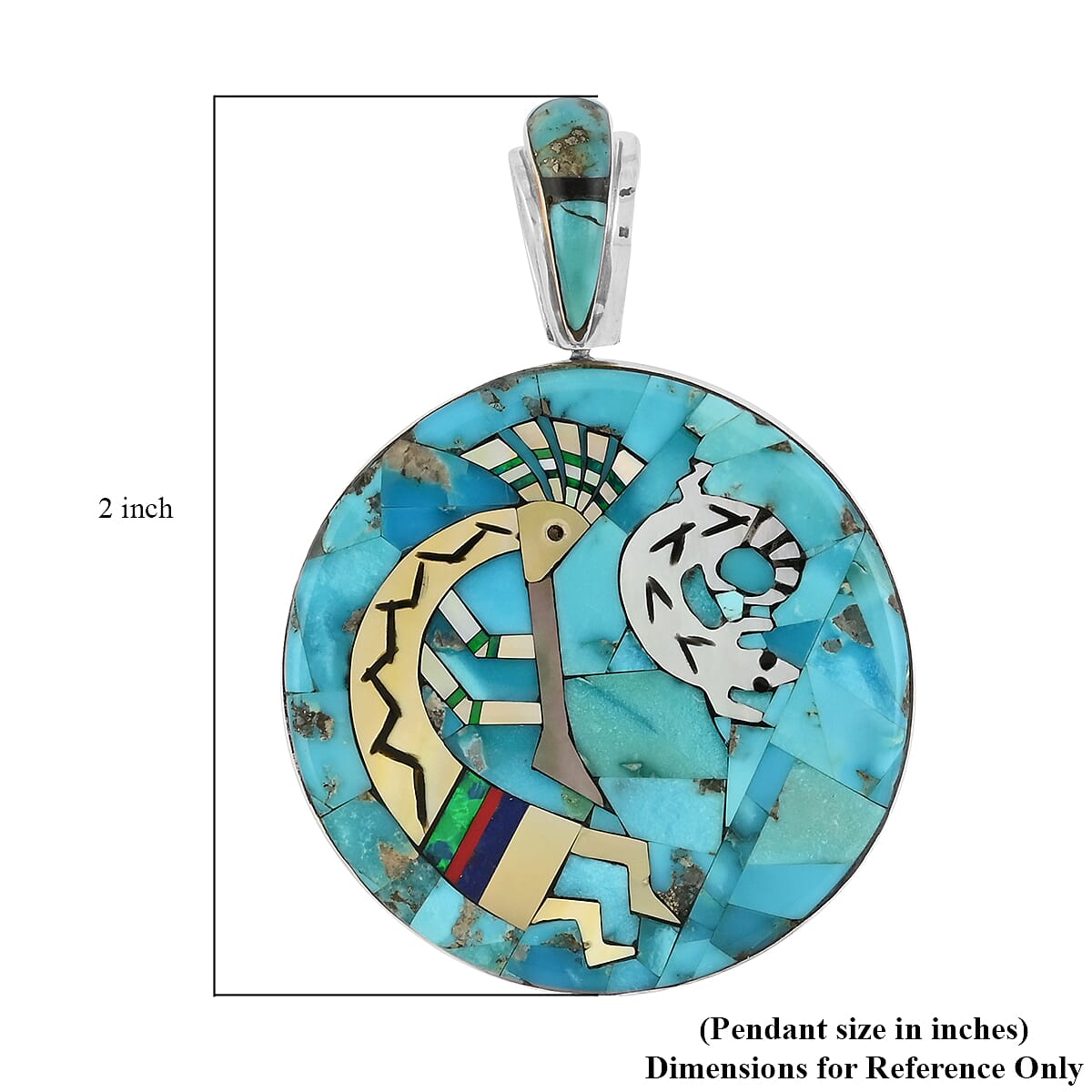 Santa Fe Style Multi Turquoise and Multi Gemstone Kokopelli and Lizard Round Reversible Pendant in Sterling Silver 11.70 Grams (Made in USA) 7.80 ctw