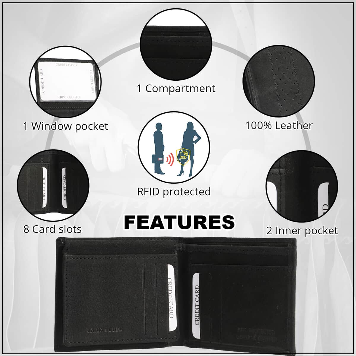 Union Code Black Genuine Leather Bi Fold Men's RFID Wallet image number 2