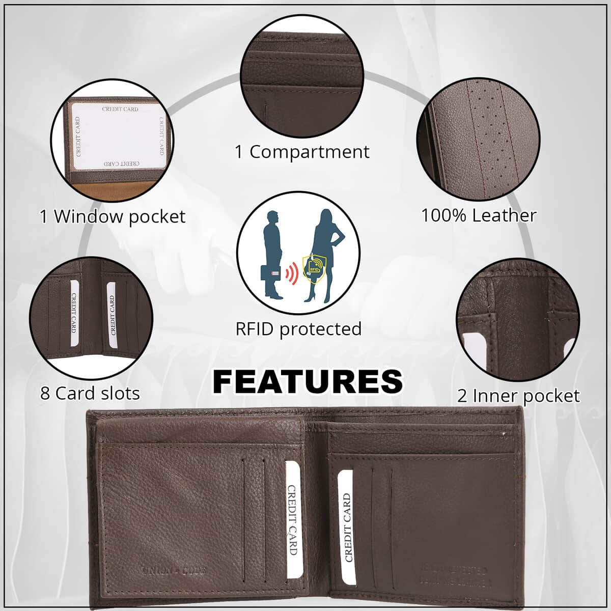 Father's Day Special Union Code Brown Genuine Leather RFID Protected Slim Minimalist Bifold Men's Wallet image number 2