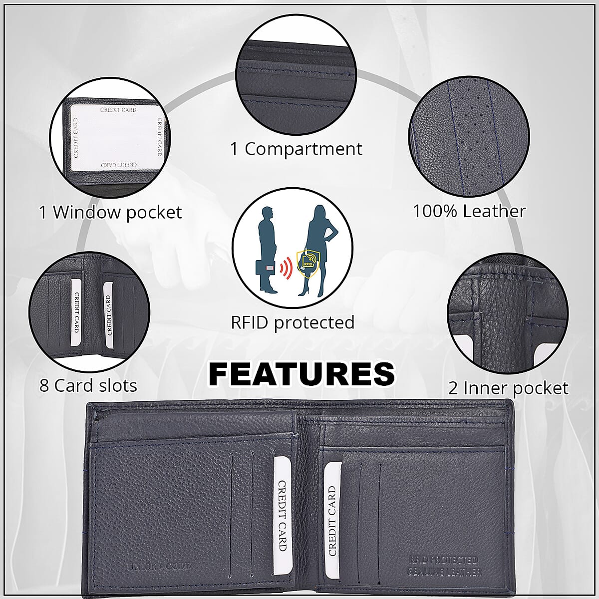 Union Code Navy Genuine Leather Bi Fold Men's RFID Wallet image number 2