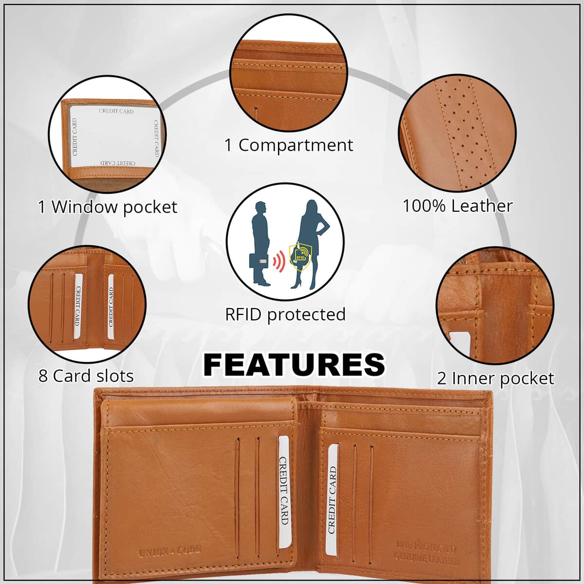 Union Code Tan Genuine Leather Bi Fold Men's RFID Wallet image number 2