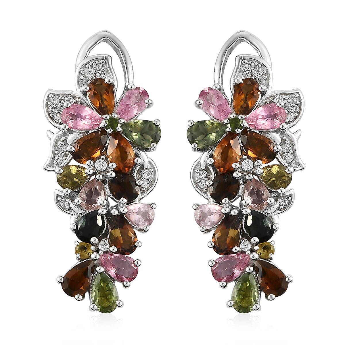 Multi-Tourmaline and Natural White Zircon Cluster Earrings in Platinum Over Sterling Silver 5.70 ctw image number 0