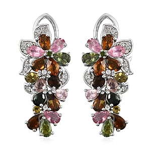 Multi-Tourmaline and Natural White Zircon Cluster Earrings in Platinum Over Sterling Silver 5.70 ctw