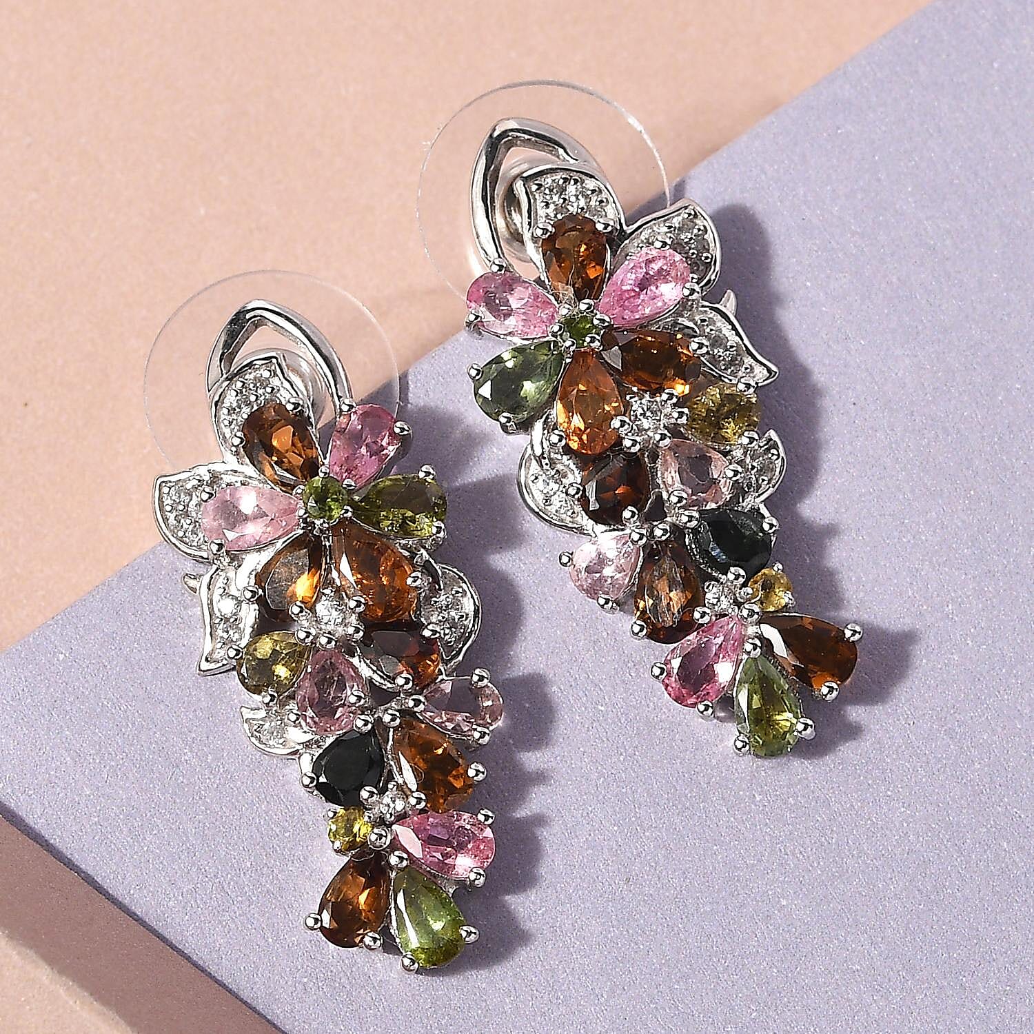 Multi-Tourmaline and Natural White Zircon Cluster Earrings in Platinum Over Sterling Silver 5.70 ctw