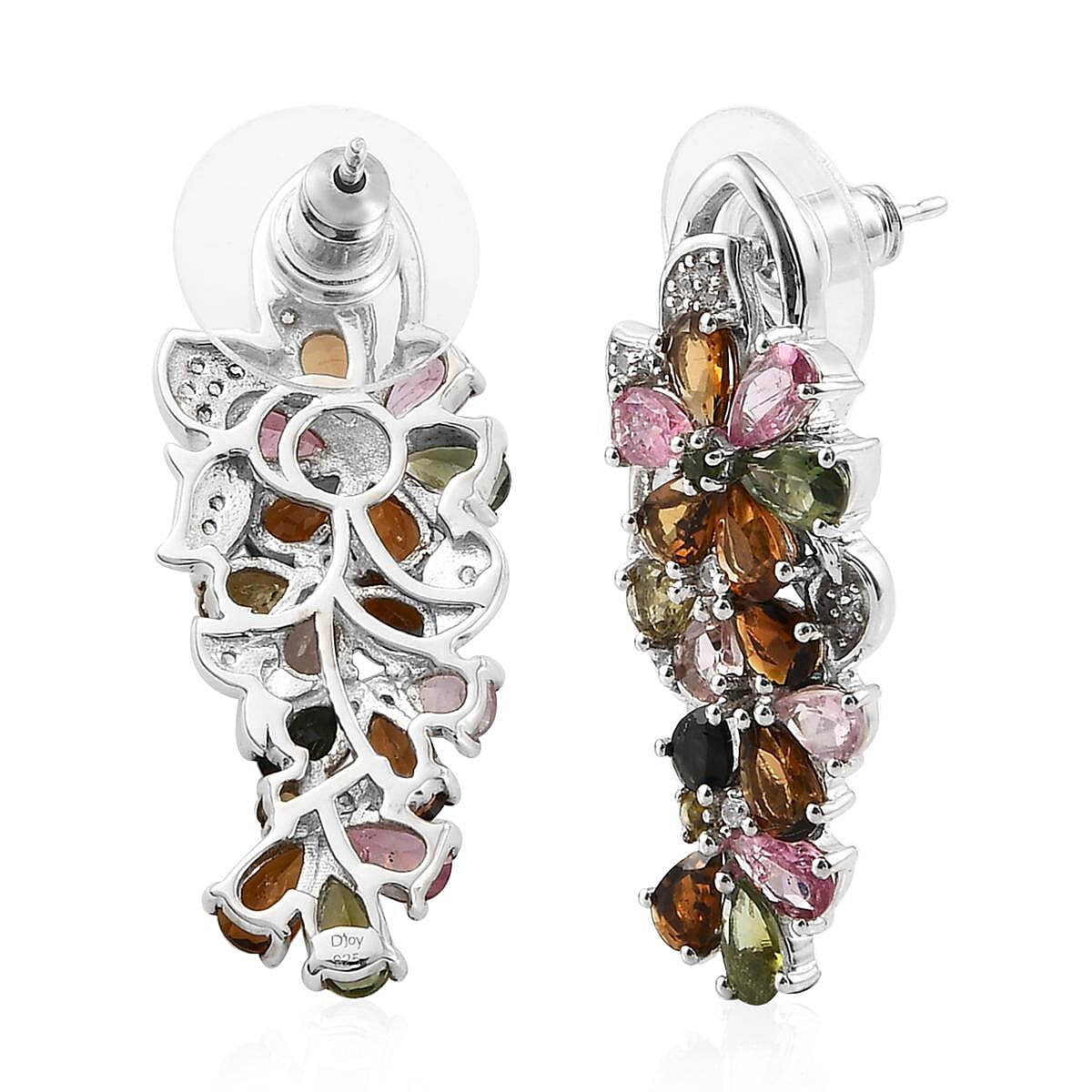 Multi-Tourmaline and Natural White Zircon Cluster Earrings in Platinum Over Sterling Silver 5.70 ctw