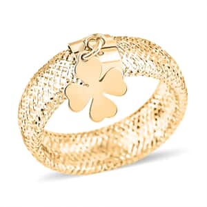 Maestro Gold Collection Italian Stretch Mesh Ring in 10K Yellow Gold, Clover Charm Ring , Mesh Band Ring , Stretch Ring , Gold Band Ring (Size 9-12)