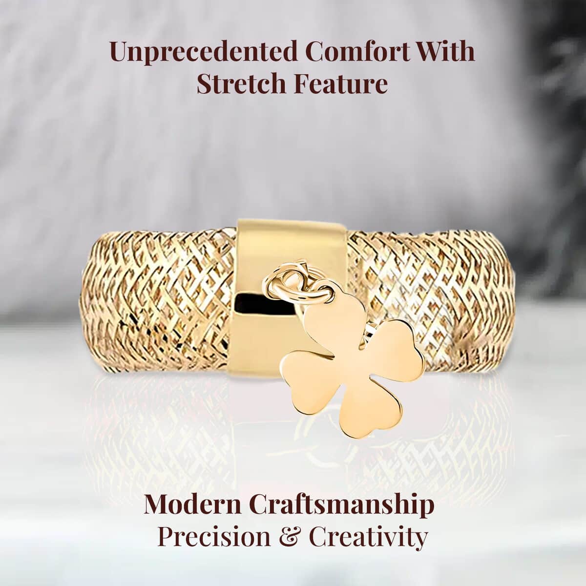 Maestro Gold Collection Italian Stretch Mesh Ring in 10K Yellow Gold, Clover Charm Ring , Mesh Band Ring , Stretch Ring , Gold Band Ring (Size 9-12) image number 3