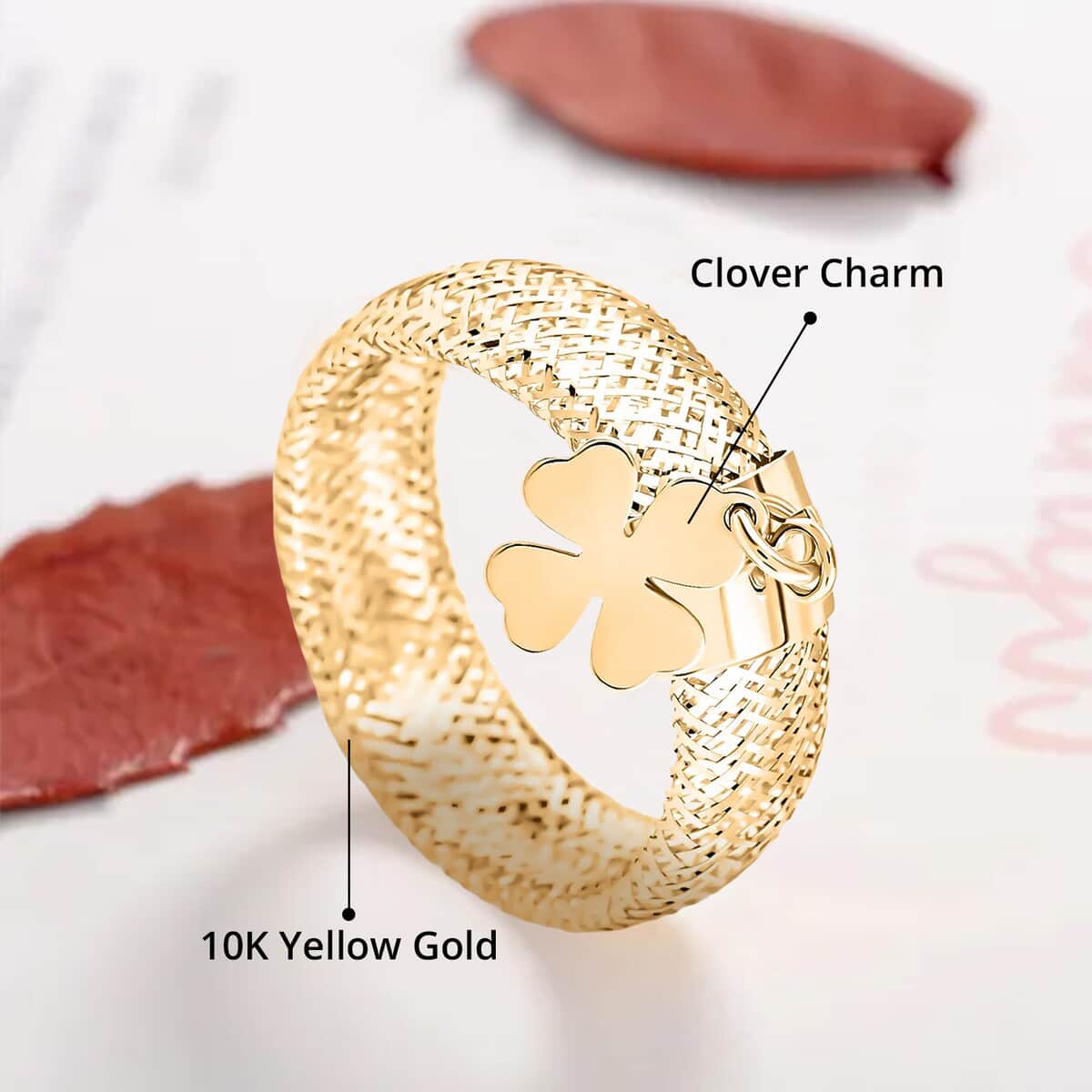 Maestro Gold Collection Italian Stretch Mesh Ring in 10K Yellow Gold, Clover Charm Ring , Mesh Band Ring , Stretch Ring , Gold Band Ring (Size 9-12) image number 4