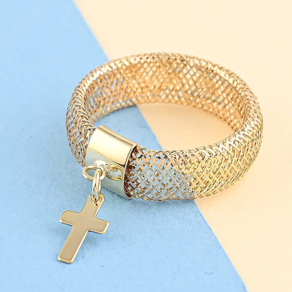 Maestro Gold Collection Italian 10K Yellow Gold Stretch Mesh Ring , Cross Charm Ring , Mesh Band Ring , Stretch Ring , Gold Band Ring (Size 9-12) image number 1