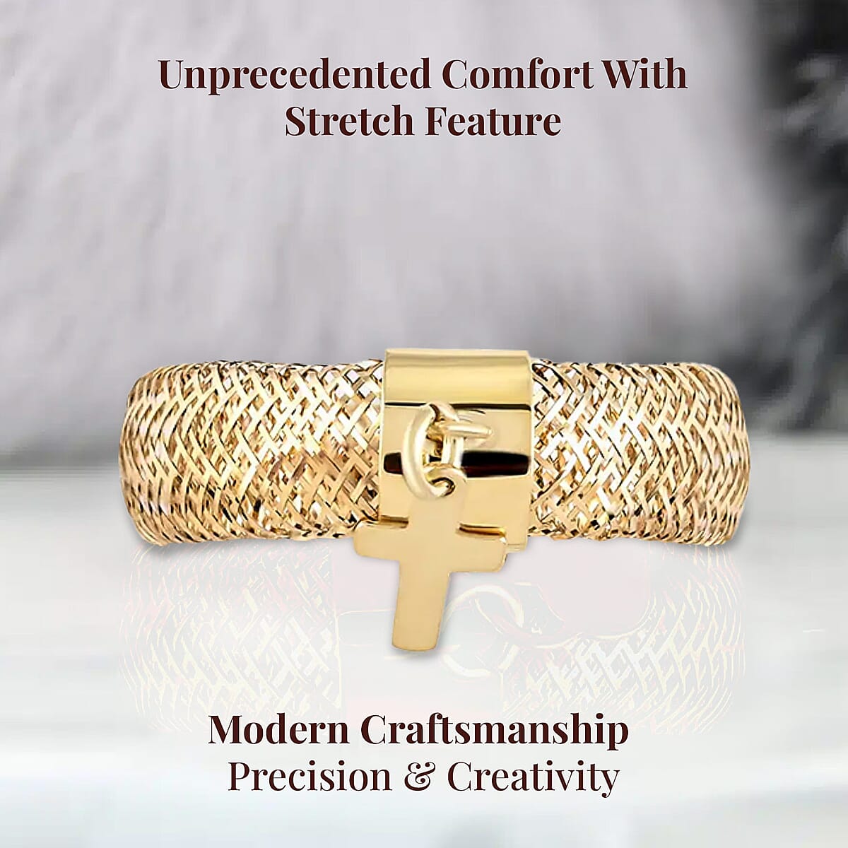 Maestro Gold Collection Italian 10K Yellow Gold Stretch Mesh Ring , Cross Charm Ring , Mesh Band Ring , Stretch Ring , Gold Band Ring (Size 9-12) image number 3