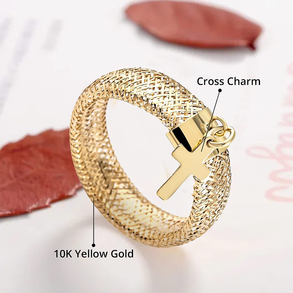 Maestro Gold Collection Italian 10K Yellow Gold Stretch Mesh Ring , Cross Charm Ring , Mesh Band Ring , Stretch Ring , Gold Band Ring (Size 9-12) image number 4
