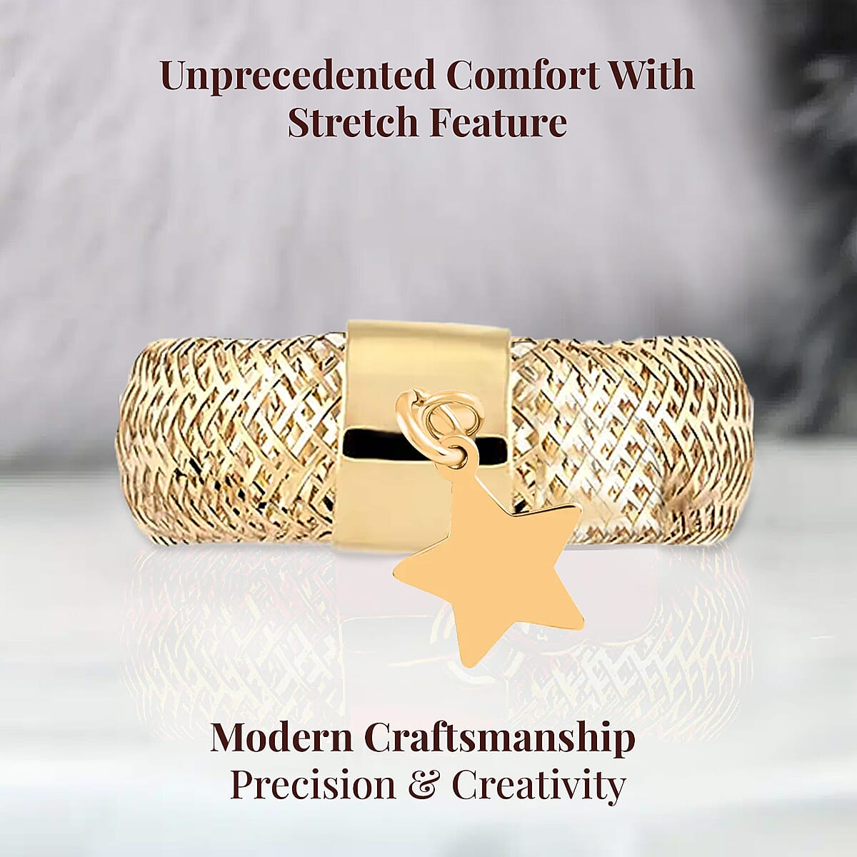 Maestro Gold Collection Stretch Mesh Ring in Italian 10K Yellow Gold, Star Charm Ring , Mesh Band Ring , Stretch Ring , Gold Band Ring (Size 5-9) image number 3