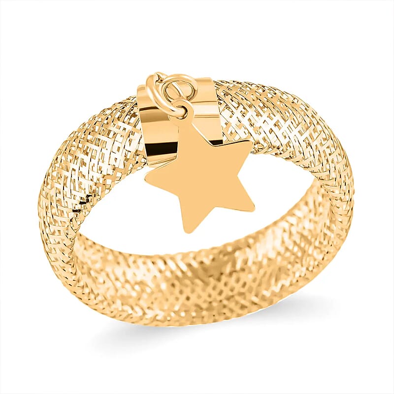Maestro Gold Collection Italian 10K Yellow Gold Stretch Mesh Ring , Star Charm Ring , Mesh Band Ring , Stretch Ring , Gold Band Ring (Size 9-12)