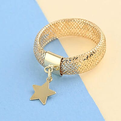 Maestro Gold Collection Italian 10K Yellow Gold Stretch Mesh Ring , Star Charm Ring , Mesh Band Ring , Stretch Ring , Gold Band Ring (Size 9-12)