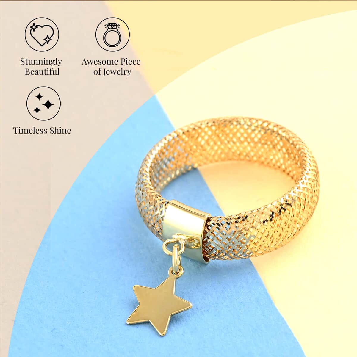 Maestro Gold Collection Italian 10K Yellow Gold Stretch Mesh Ring , Star Charm Ring , Mesh Band Ring , Stretch Ring , Gold Band Ring (Size 9-12) image number 2