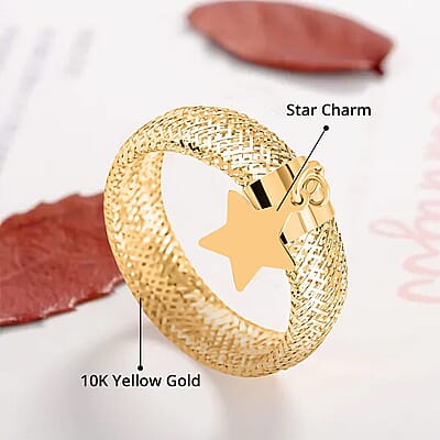 Maestro Gold Collection Italian 10K Yellow Gold Stretch Mesh Ring , Star Charm Ring , Mesh Band Ring , Stretch Ring , Gold Band Ring (Size 9-12)
