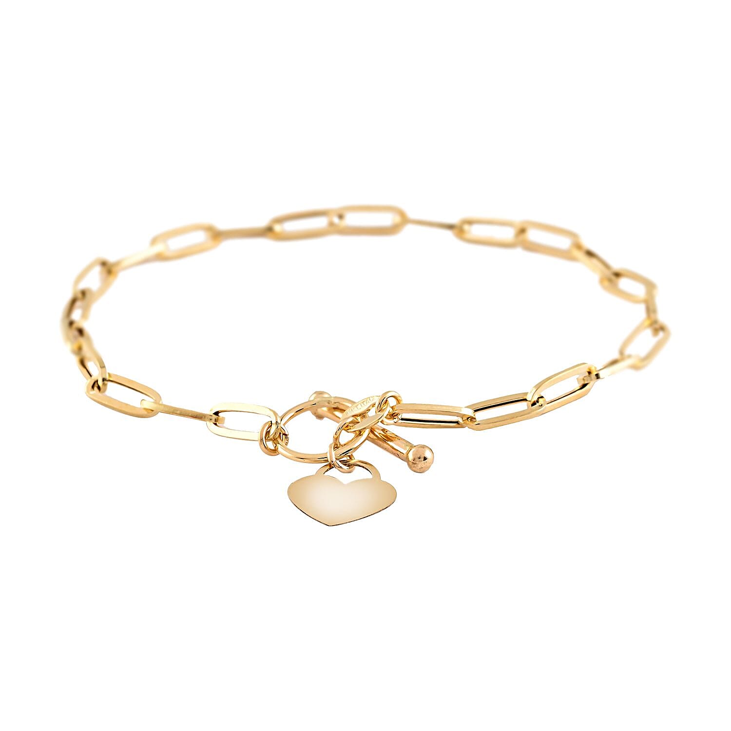Venezia Italian 14K Yellow Gold 3.5mm Heart Toggle Paper Clip Bracelet (7.50 In) 1.90 Grams