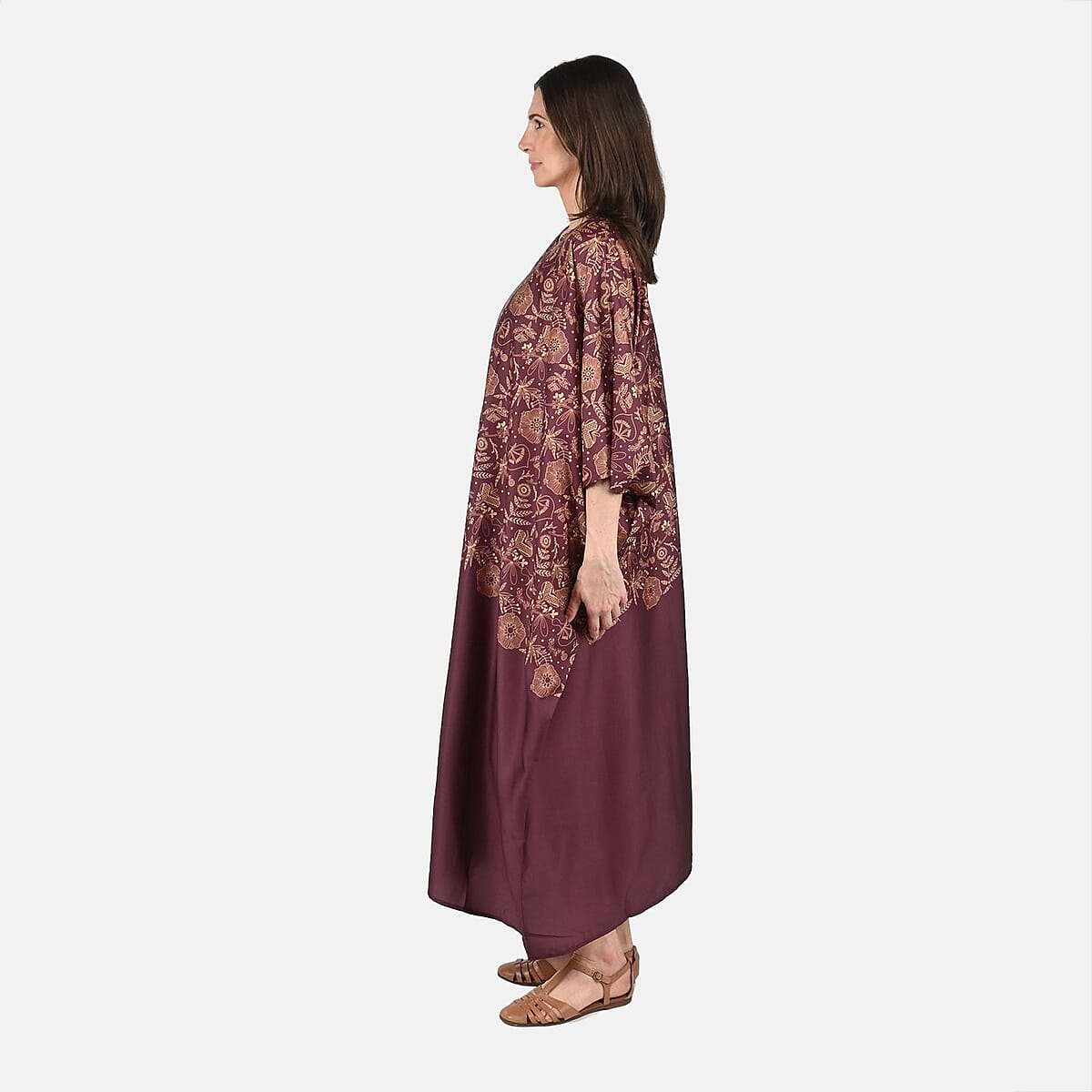 Tamsy Burgundy Botanical Kaftan - One Size Fits Most image number 2