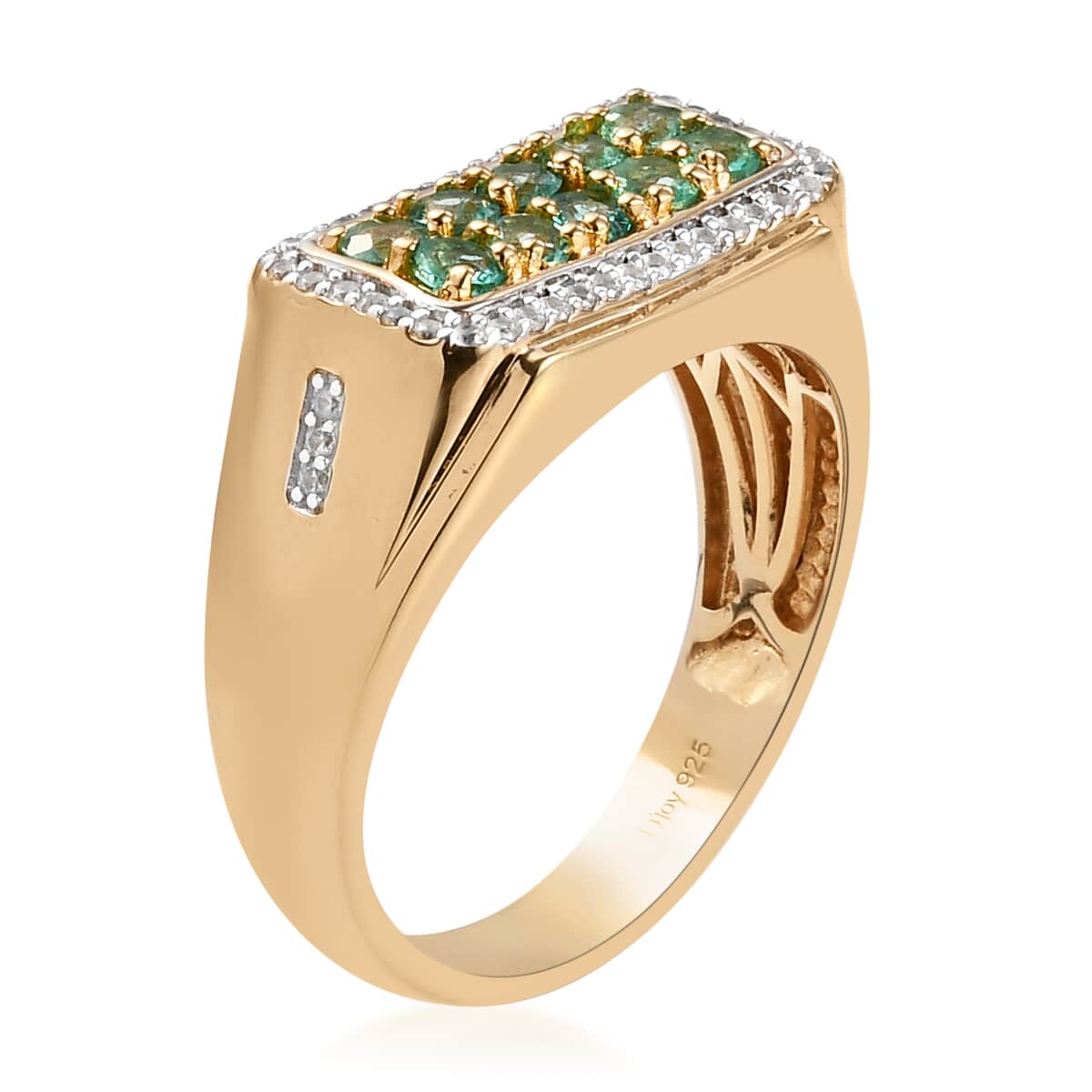 Boyaca Colombian Emerald and Natural White Zircon Men's Ring in Vermeil Yellow Gold Over Sterling Silver 8.10 Grams 1.65 ctw image number 3