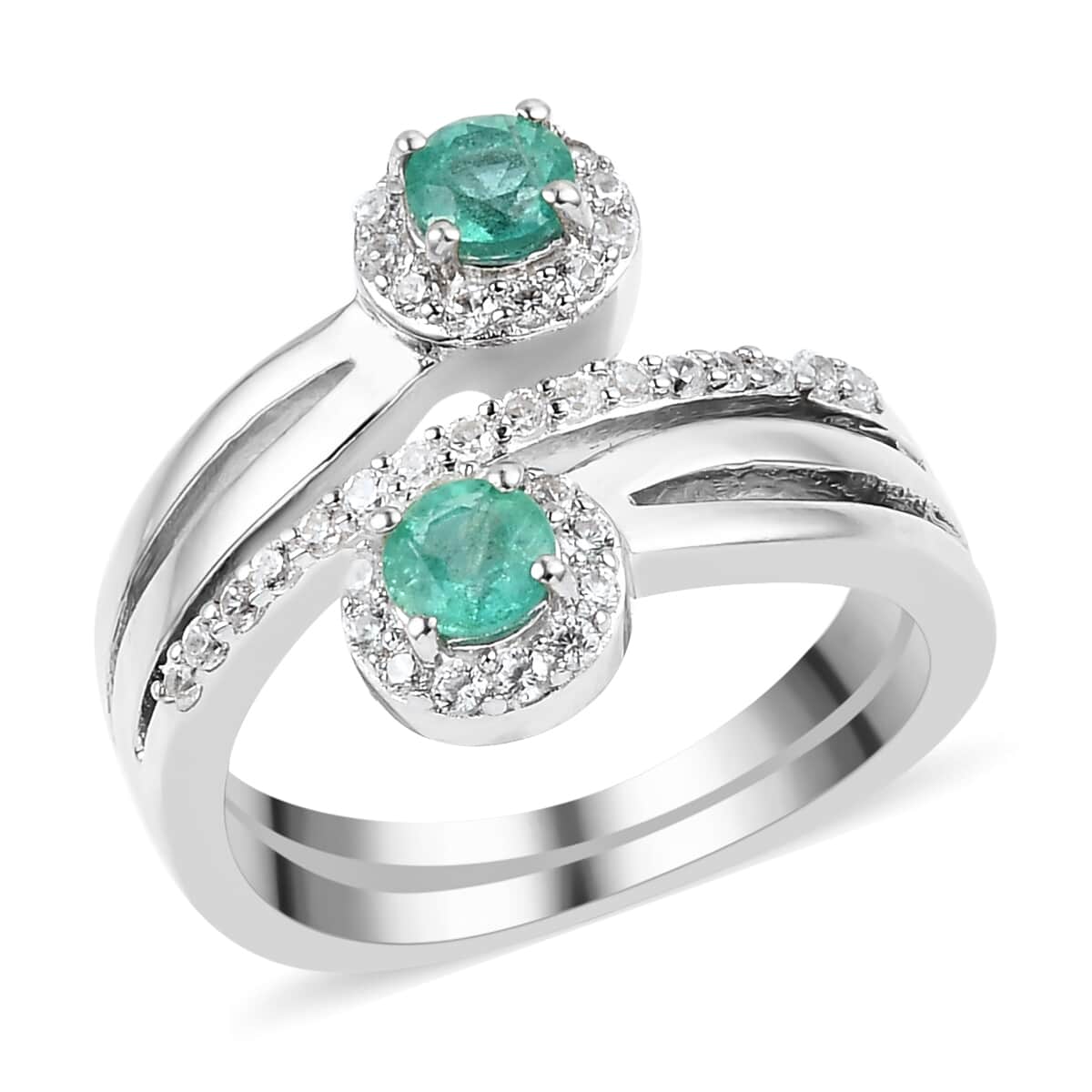 AAA Kagem Zambian Emerald and Natural White Zircon Bypass Ring in Platinum Over Sterling Silver 1.00 ctw image number 0