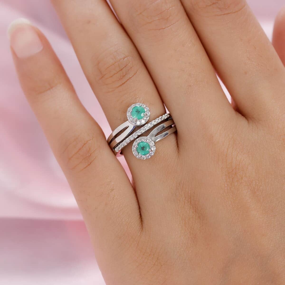 AAA Kagem Zambian Emerald and Natural White Zircon Bypass Ring in Platinum Over Sterling Silver 1.00 ctw image number 2